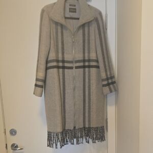 Club Monaco WOOL COAT with Fringe In Gray Plaid